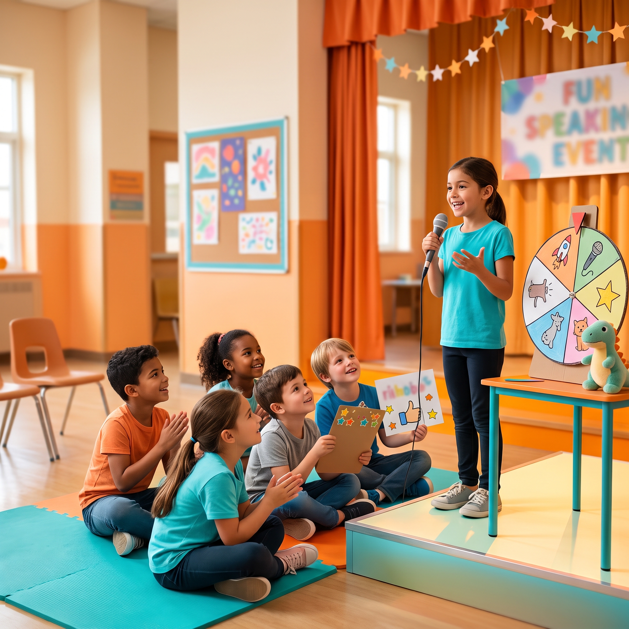Confident child presenting in front of a classroom
