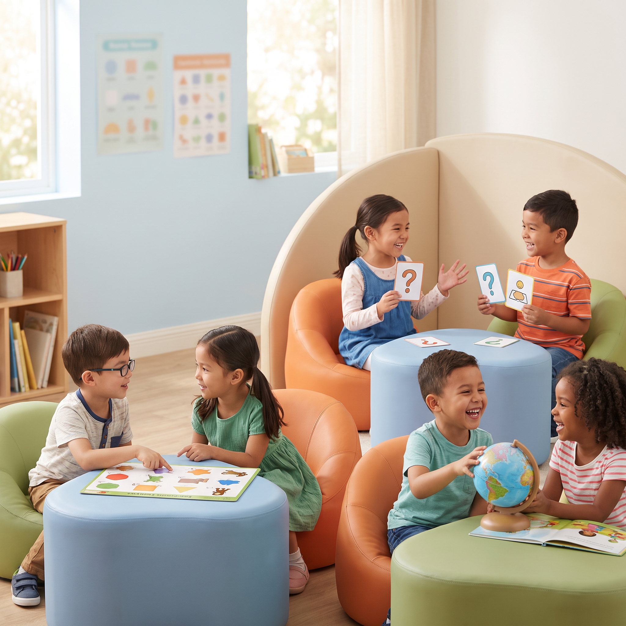 Children practicing English conversation together in a friendly classroom